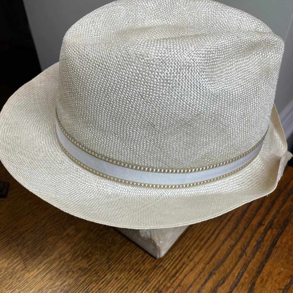 Stetson Straw Fedora Hat Cream Off White Woven Panama Style Size 7 5/8 61cm Luxe - Picture 12 of 15